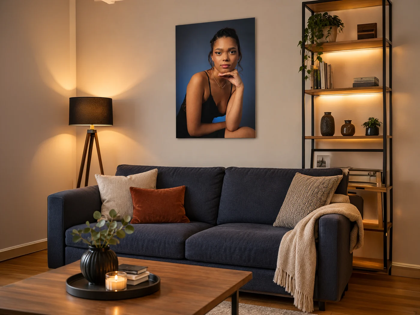Simulation d’un portrait encadré au-dessus d’un canapé dans un salon